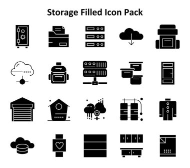Depo çevresinde 20 simge içeren modern simge paketi, Solid Dolu biçiminde oluşturuldu. Arayüzler ve dijital ürünler için tasarlandı.