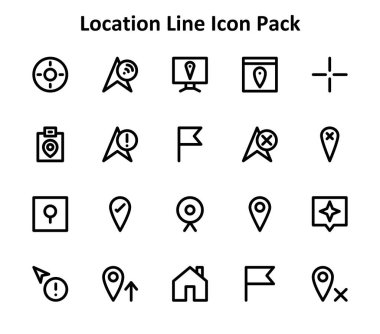 Konum temasına dayalı 20 simge taslak biçiminde koleksiyon. Dijital ve yaratıcı kullanım için ideal.