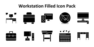 Workstation temasına dayanan 10 ölçeklenebilir Solid Doldurulmuş biçim simgesi. Temiz ve profesyonel tasarım için mükemmel..