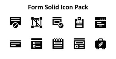 Solid Fill tarzında 10 simge içeren bu set, modern arayüz kullanımı için Form 'un temel elemanlarını kapsar.