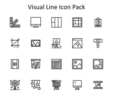 Satır biçiminde 20 simge vektör illüstrasyon seti, Görsel konu üzerine odaklanmış.
