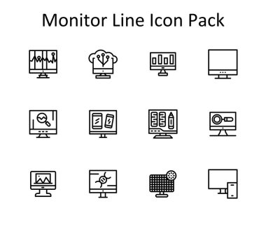 Monitor merkezli 12 satır biçiminde simge koleksiyonu. Yaratıcı, teknolojik veya iş projeleri için ideal.