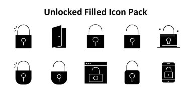 Bu simge seti Kilitsiz 'i temsil eden 10 Solid Doldurulmuş biçim simgesini içerir. Cep telefonu, web ya da uygulama UI için harika.