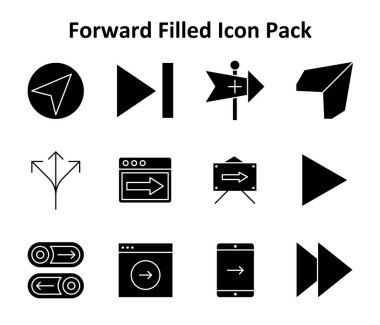 Solid Doldurulmuş stilde 12 simge içeren bu set, modern arayüz kullanımı için İleri 'nin temel ögelerini kapsar.