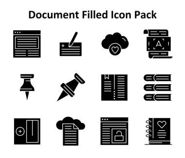 Katı Dolu biçimdeki 12 simgenin Belge temasına dayanan koleksiyonu. Dijital ve yaratıcı kullanım için ideal.