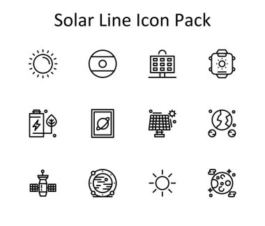 Temiz çizgi biçiminde 12 vektör simgesi dizayn edildi. Solar 'dan esinlenilmiş, UI / UX tasarımı için mükemmel.