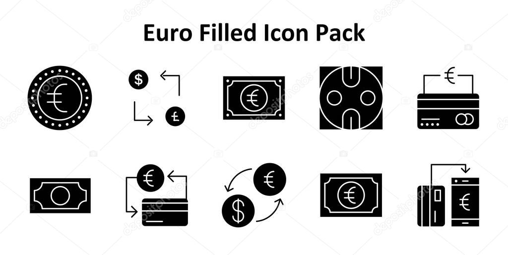 Downloadable vector pack of 10 Solid Filled-style icons themed around Euro. Simple, clean, and easy to use.