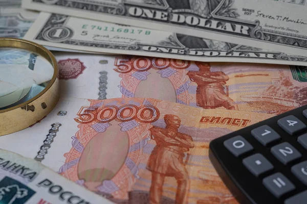 Dollar Ruble Cash Closeup Canculator Magnifier — Stock Photo, Image