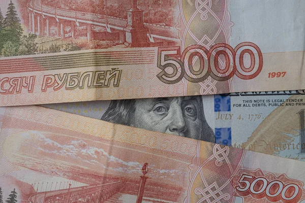 Российский Рубль Американские Доллары Рублевая Концепция Сверху Долора — стоковое фото