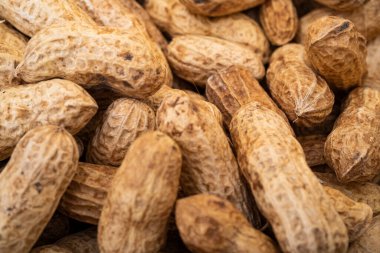 Peanuts in shell isolated on white background. Heap of peanuts close up