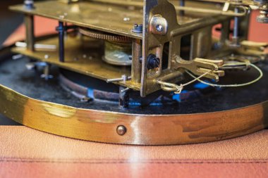 The mechanism of an old watch. clock mechanism made in the technique of toning. Focus on the central gears. Very shallow depth of field