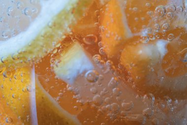 slices of lemon and orange in sparkling water, a refreshing drink. Healthy lifestyle