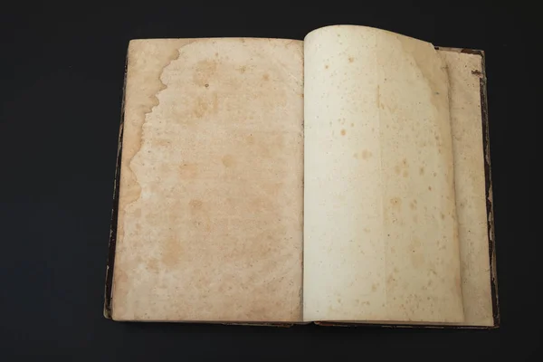 Top view of an old open book with blank pages on a dark background as copy space, retro toned image.Open book on dark background