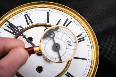 Vintage Clock with Hands. Close up view on clock face of a historical watches with golden frame