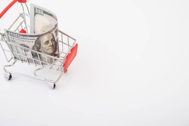 american banknotes of 100 dollars in a basket on a white background