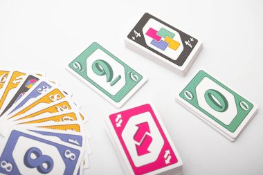 Lviv, Ukraine 24.02.2023new Uno card game and cards on white background. fun pastime