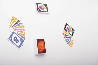 Lviv, Ukraine 24.02.2023new Uno card game and cards on white background. fun pastime