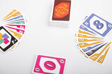 Lviv, Ukraine 24.02.2023new Uno card game and cards on white background. fun pastime