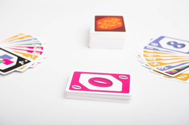 Lviv, Ukraine 24.02.2023new Uno card game and cards on white background. fun pastime