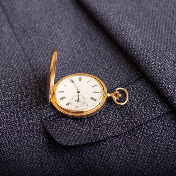 Golden Pocket Watch Background Man Suit Retro Style Vintage Fashion — Foto de Stock