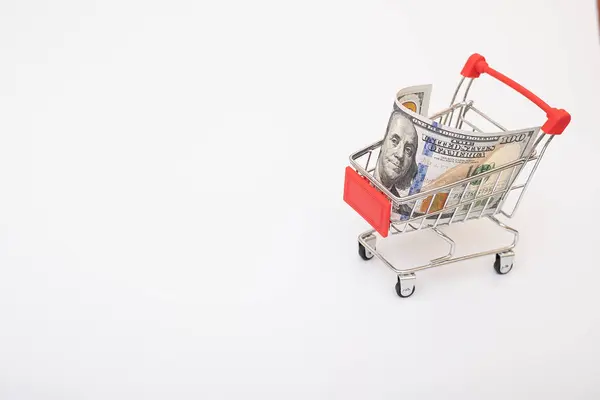 Shopping Cart 100 Dollar American Banknote Consumption Shopping Concept Trolley — 스톡 사진