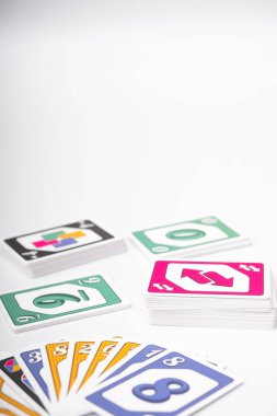 Lviv, Ukraine 24.02.2023new Uno card game and cards on white background. fun pastime