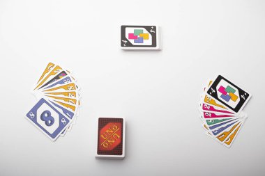 Lviv, Ukraine 24.02.2023new Uno card game and cards on white background. fun pastime
