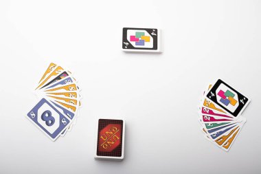 Lviv, Ukraine 24.02.2023new Uno card game and cards on white background. fun pastime