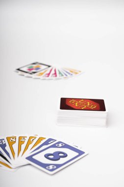 Lviv, Ukraine 24.02.2023new Uno card game and cards on white background. fun pastime