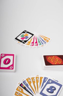 Lviv, Ukraine 24.02.2023new Uno card game and cards on white background. fun pastime
