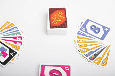 Lviv, Ukraine 24.02.2023new Uno card game and cards on white background. fun pastime