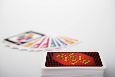 Lviv, Ukraine 24.02.2023new Uno card game and cards on white background. fun pastime