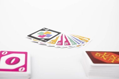 Lviv, Ukraine 24.02.2023new Uno card game and cards on white background. fun pastime