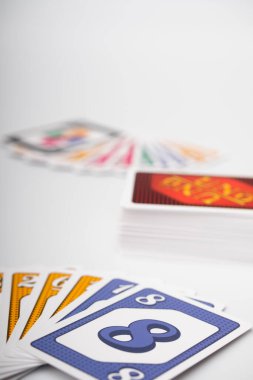 Lviv, Ukraine 24.02.2023new Uno card game and cards on white background. fun pastime