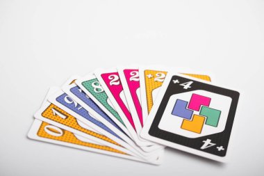 Lviv, Ukraine 24.02.2023new Uno card game and cards on white background. fun pastime