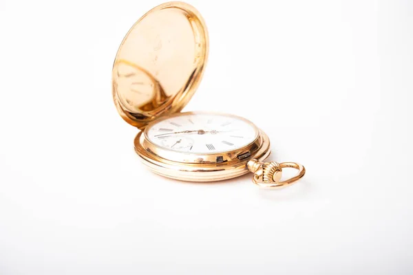 Вінтажний Золотий Кишеньковий Годинник Довгі Лінії Ізольовані Білому Тлі — стокове фото