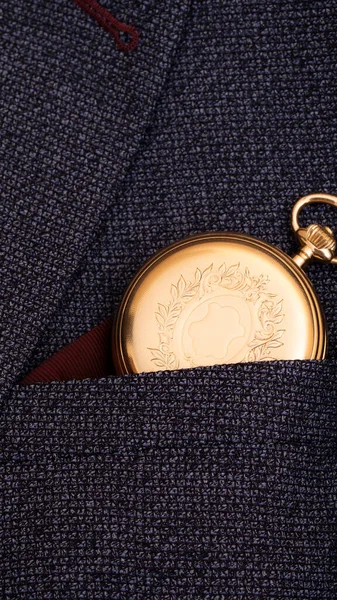 Golden Pocket Watch Background Man Suit Retro Style Vintage Fashion — Stok fotoğraf
