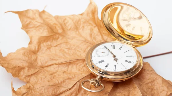 Pocket Gold Watch Dry Beige Leaves —  Fotos de Stock