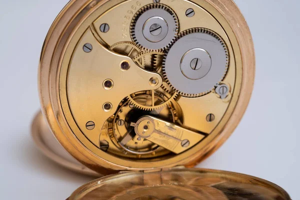 Золотий Кишеньковий Годинник Крупним Планом Механізм Годинника Зсередини — стокове фото