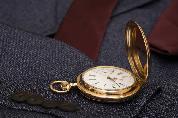 Golden Pocket Watch Background Man Suit Retro Style Vintage Fashion — Photo
