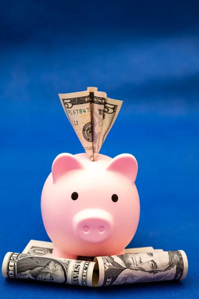 Pig 100 Dollars Blue Background Loans Buy Apartment — Stock Photo, Image