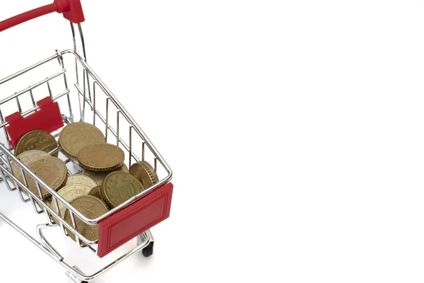 Shopping Cart Full Coins White Background Shopping Concept — Stock Photo, Image
