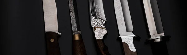 Siyah Arka Planda Şam Çelik Bıçakları Mutfak Bıçakları Japon Bıçağıyla — Stok fotoğraf