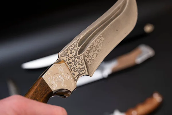 Damascus Steel Knives Black Background Kitchen Knives Background Japanese Knife — Stock Photo, Image
