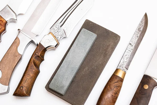 Knife Sharpening Knife Isolated White Background Abrasive Stone Concept Work — Stock Photo, Image