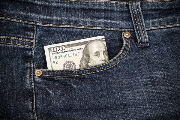Several 100 Dollar Bills Pocket Jeans Close — Stock Photo, Image