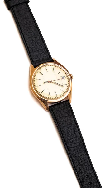 Goldene Armbanduhr Auf Weißem Hintergrund Vintage Uhr Aus Der Zeit — Stockfoto