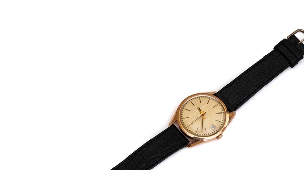白色背景的金色腕表 来自美国时代的老式手表 — 图库照片