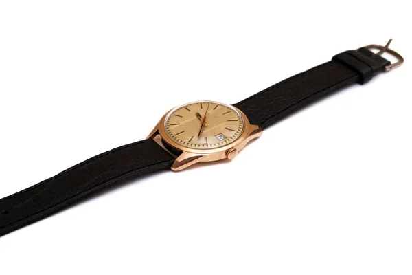 白い背景に金色の手首の腕時計 ユーザーの時代からのヴィンテージの時計 — ストック写真