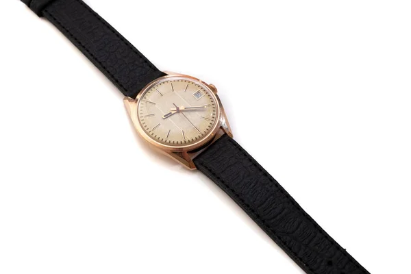 白色背景的金色腕表 来自美国时代的老式手表 — 图库照片